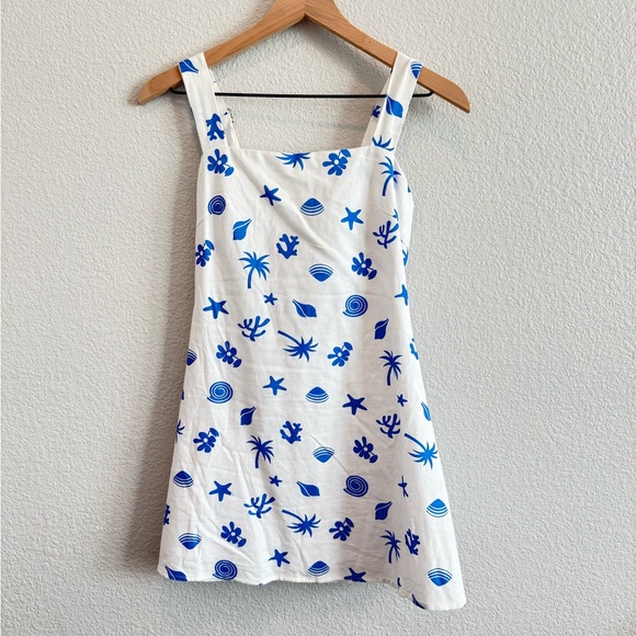 Lulus Beachcomber Babe White And Blue Shell Print Linen Mini Dress - Size XS - Picture 2 of 5